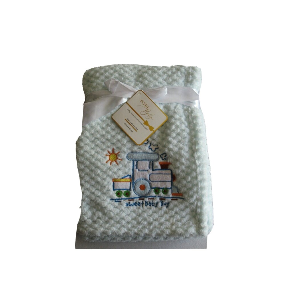 NWT Posh Baby Pale Blue BABY Blanket 30"x40" Soft Textured Sweet Baby Boy Train